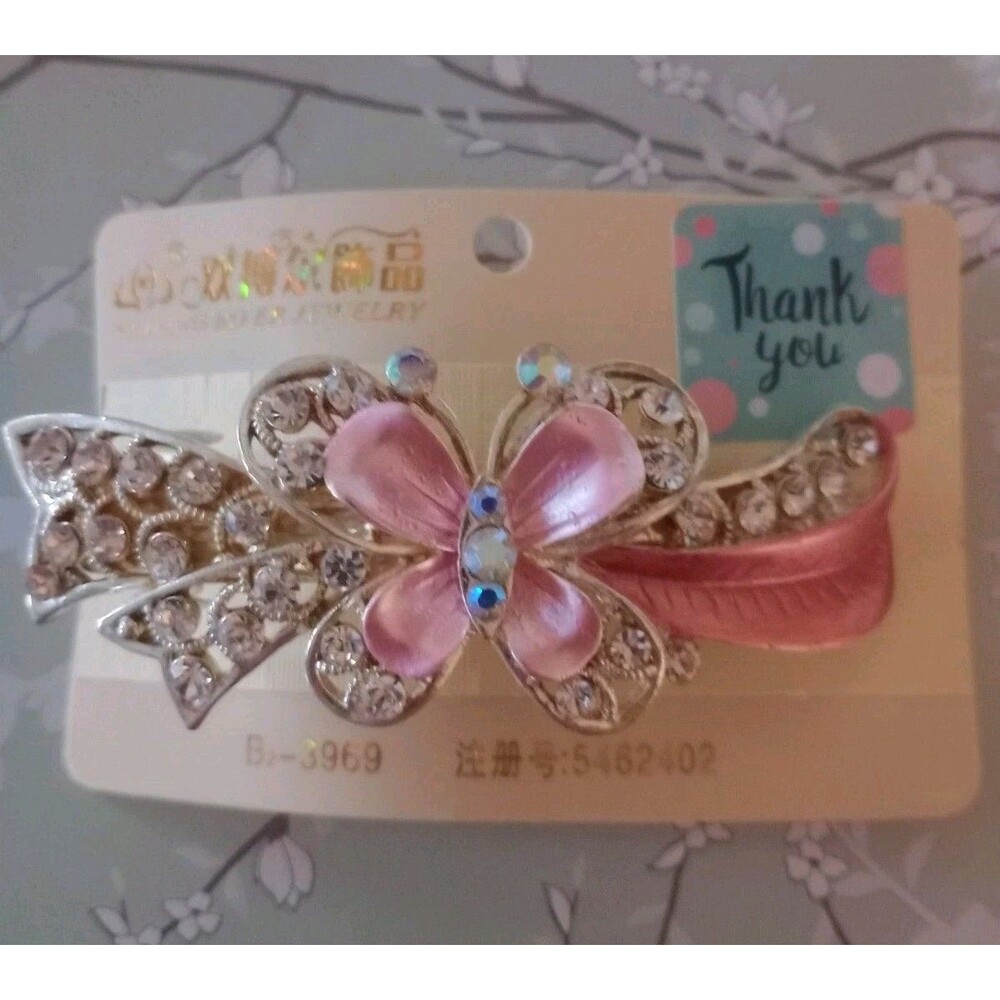 Large Ornate Hair Clip Rhinestones Pink Butterfly Elegant Barrette Unique NWT